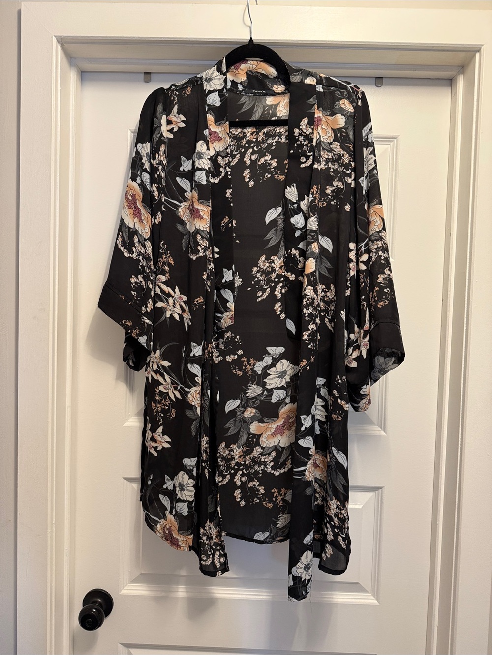 Tahari Black Floral Kimono Duster